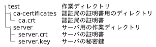 @startsalt
{{T
+ test              | 作業ディレクトリ
++ ca-certificates  | 認証局の証明書用のディレクトリ
+++ ca.crt          | 認証局の証明書
++ server           | サーバ用の作業ディレクトリ
+++ server.crt      | サーバの証明書
+++ server.key      | サーバの秘密鍵
}}
@endsalt